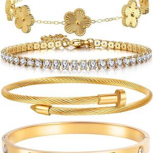 18K Gold Plated Stackable Floral Love Bangle Bracelets for Women Jewelry Gift